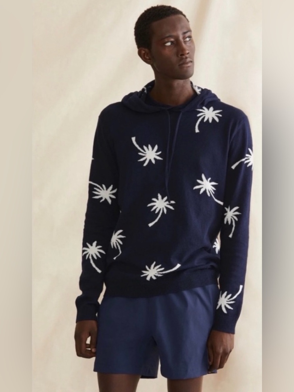 Onia Deep Navy Blue Palm Tree Pattern Cotton Hooded Knit Sweater Hoodie Sz Large